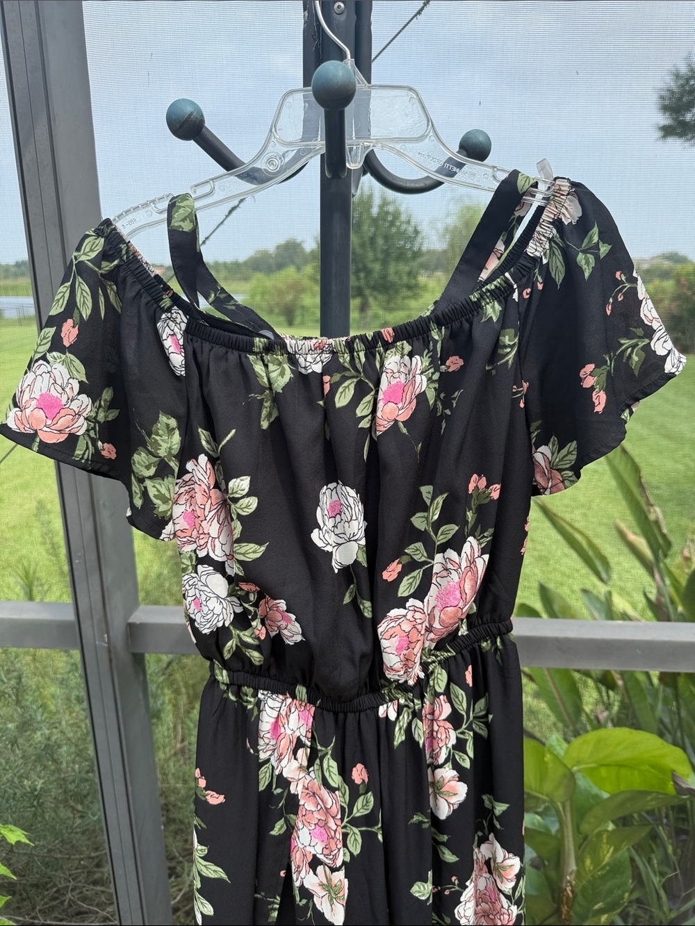 Lily White Black Floral Off-Shoulder Maxi Jumpsuit open wrap pants